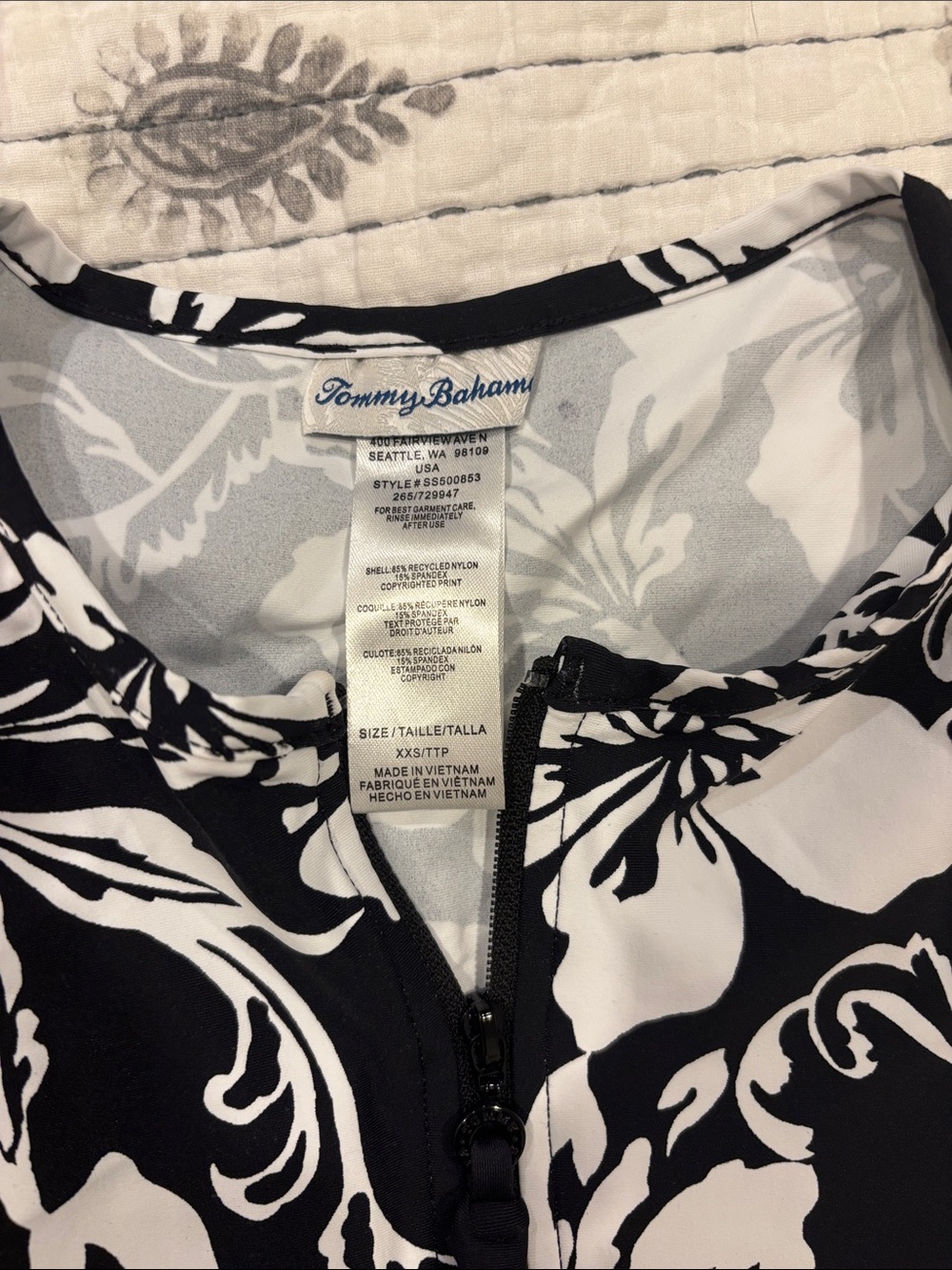 Tommy Bahama Black and White Floral Zip Front Rash Guard - Swim